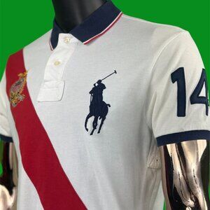 VTG Polo Ralph Lauren Sash Stripe Polo Shirt Red/White Crest Logo #14